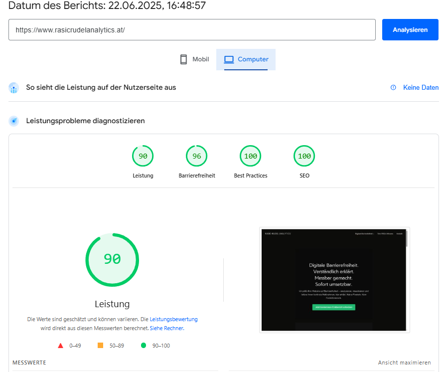 PageSpeed Test Screenshot mit sehr guten Werten